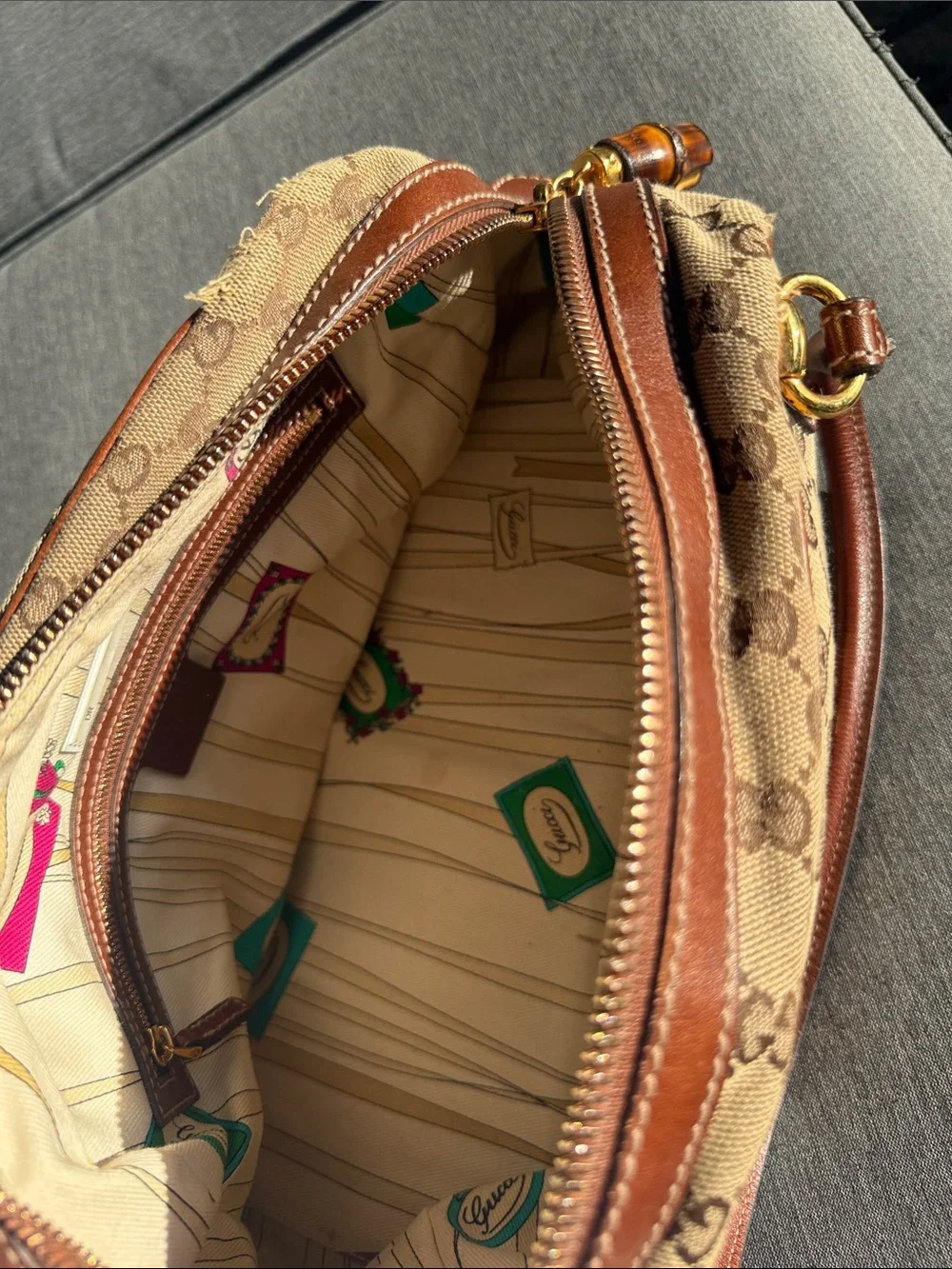 Gucci Brown GG Canvas Satchel with Leather Trim and Gold Hardware